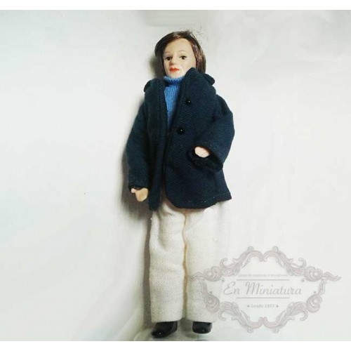 Muñeco de porcelana, chaqueta azul