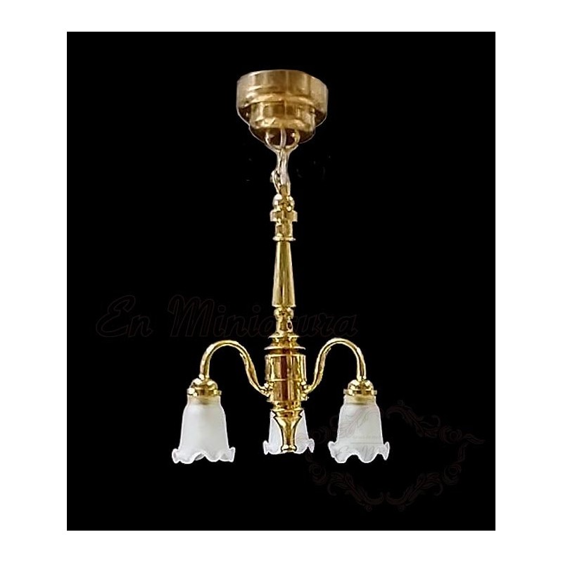 Ceiling lamp, golden with three globes.